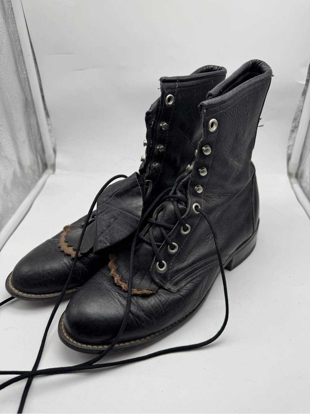 Vintage Laredo Black Leather Lace Up Cowboy Boots Kiltie Western Roper Size 8